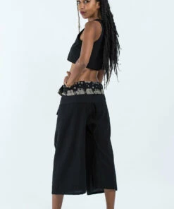 HaremPants.com Women's Cropped Fisherman Pants With Pattern Waist Band In Black