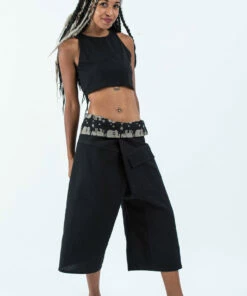 HaremPants.com Women's Cropped Fisherman Pants With Pattern Waist Band In Black