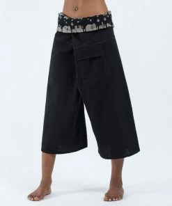 HaremPants.com Women's Cropped Fisherman Pants With Pattern Waist Band In Black