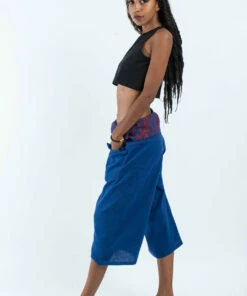 HaremPants.com Women's Cropped Fisherman Pants With Pattern Waist Band In Blue