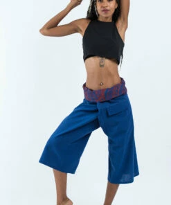 HaremPants.com Women's Cropped Fisherman Pants With Pattern Waist Band In Blue