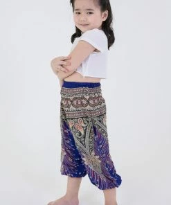 HaremPants.com High Cut Peacock Feathers Kids Harem Pants In Blue