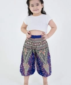 HaremPants.com High Cut Peacock Feathers Kids Harem Pants In Blue