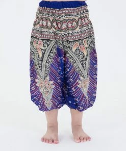HaremPants.com High Cut Peacock Feathers Kids Harem Pants In Blue