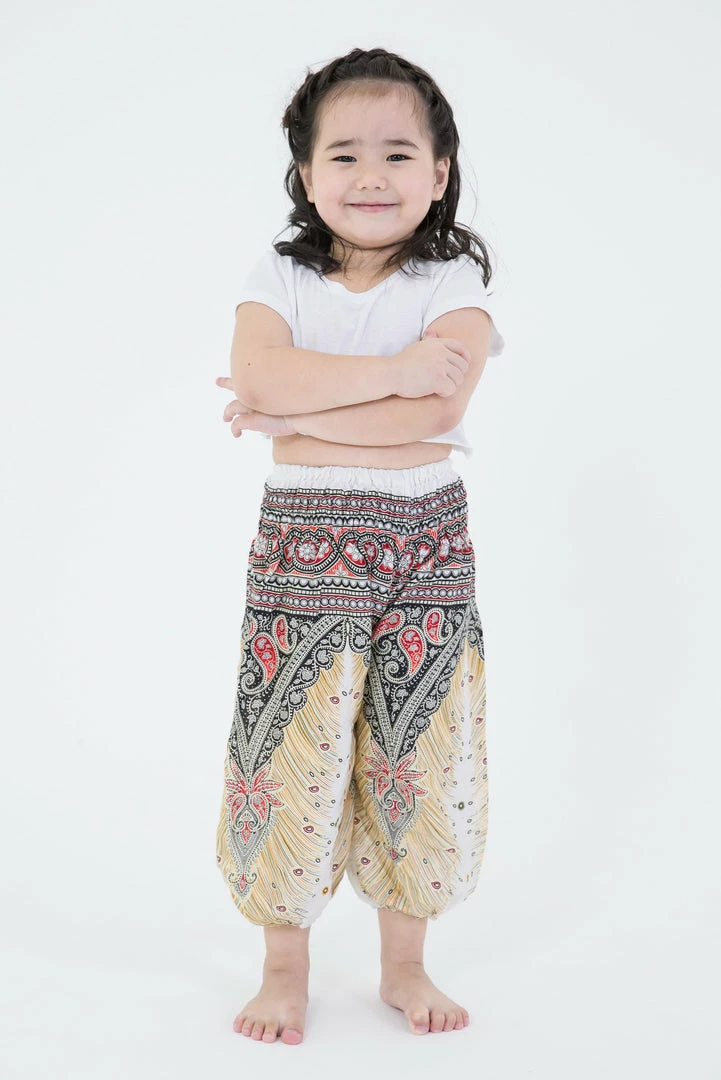 HaremPants.com Peacock Feathers Kids Harem Pants In White High Cut 3 HaremPants.com Peacock Feathers Kids Harem Pants In White High Cut