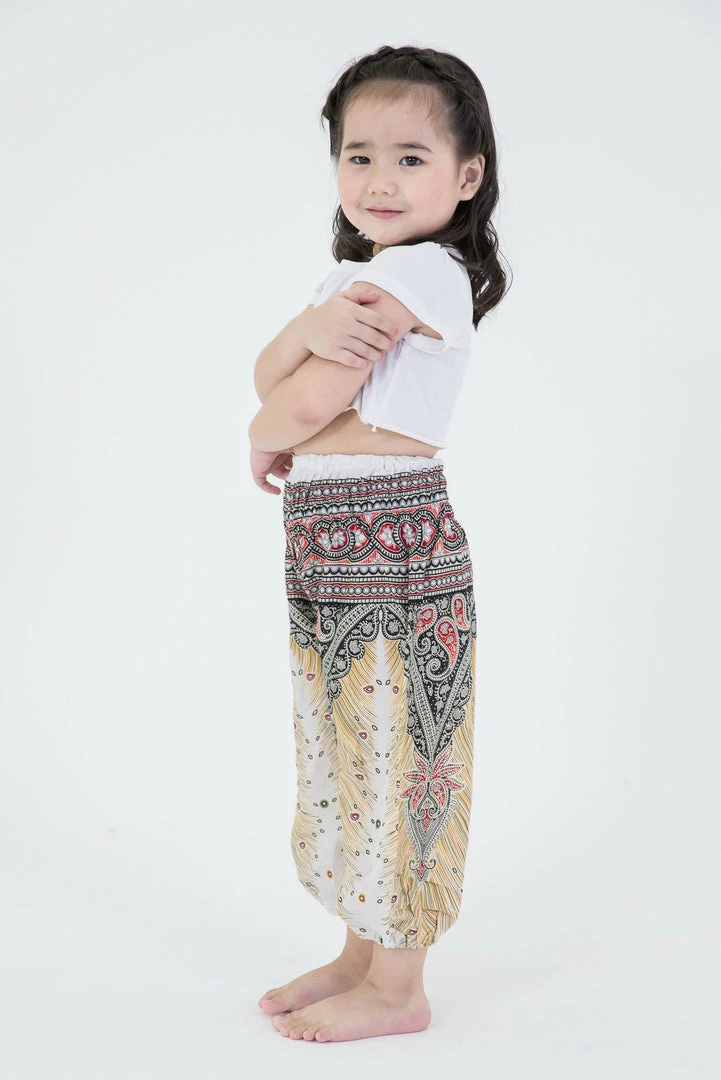 HaremPants.com Peacock Feathers Kids Harem Pants In White High Cut 5 HaremPants.com Peacock Feathers Kids Harem Pants In White High Cut