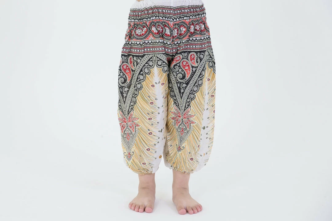 HaremPants.com Peacock Feathers Kids Harem Pants In White High Cut 4 HaremPants.com Peacock Feathers Kids Harem Pants In White High Cut