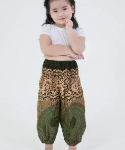 HaremPants.com Geometric Mandalas Kids Harem Pants In Olive High Cut