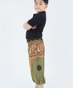 HaremPants.com Geometric Mandalas Kids Harem Pants In Olive High Cut