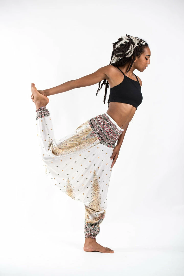 HaremPants.com Women's Peacock Feathers Jumpsuit Harem Pants In White 9 HaremPants.com Women's Peacock Feathers Jumpsuit Harem Pants In White