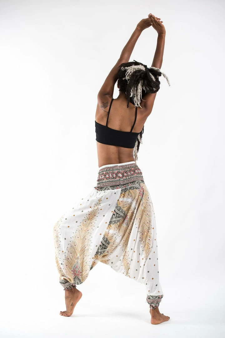 HaremPants.com Women's Peacock Feathers Jumpsuit Harem Pants In White 10 HaremPants.com Women's Peacock Feathers Jumpsuit Harem Pants In White