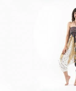 HaremPants.com Women's Peacock Feathers Jumpsuit Harem Pants In White