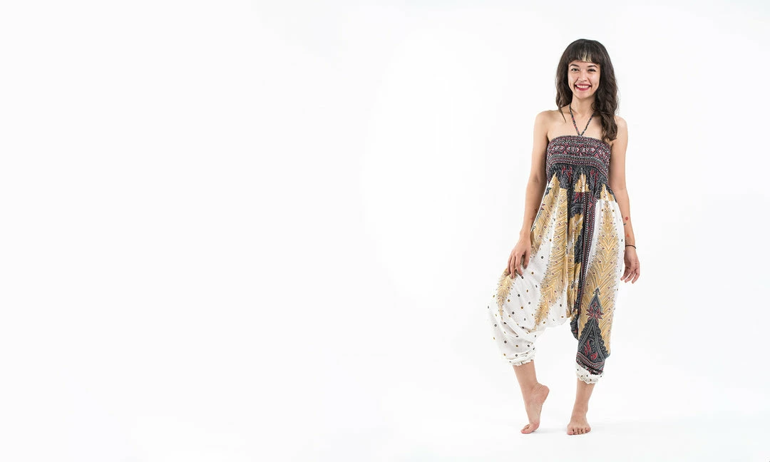 HaremPants.com Women's Peacock Feathers Jumpsuit Harem Pants In White 4 HaremPants.com Women's Peacock Feathers Jumpsuit Harem Pants In White