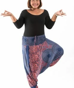 HaremPants.com Plus Size Geometric Mandalas Drop Crotch Women's Harem Pants In Blue