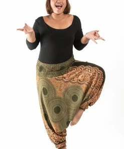 HaremPants.com Plus Size Geometric Mandalas Drop Crotch Women's Harem Pants In Olive