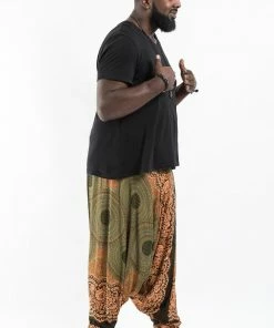 HaremPants.com Plus Size Geometric Mandalas Drop Crotch Men's Harem Pants In Olive