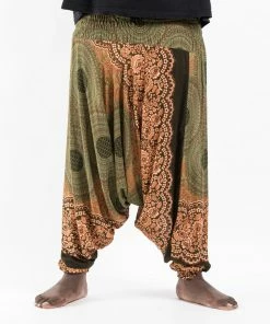 HaremPants.com Plus Size Geometric Mandalas Drop Crotch Men's Harem Pants In Olive