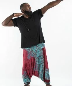HaremPants.com Plus Size Geometric Mandalas Drop Crotch Men's Harem Pants In Red
