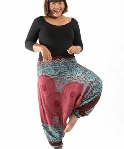 HaremPants.com Plus Size Geometric Mandalas Drop Crotch Women's Harem Pants In Red