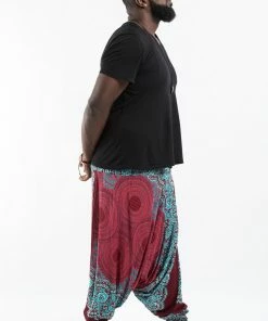 HaremPants.com Plus Size Geometric Mandalas Drop Crotch Men's Harem Pants In Red