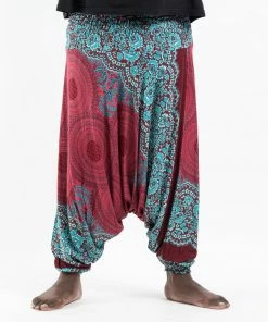 HaremPants.com Plus Size Geometric Mandalas Drop Crotch Men's Harem Pants In Red