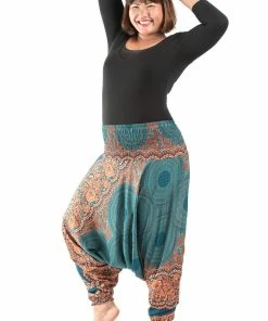 HaremPants.com Plus Size Geometric Mandalas Drop Crotch Women's Harem Pants In Turquoise