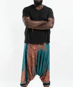 HaremPants.com Plus Size Geometric Mandalas Drop Crotch Men's Harem Pants In Turquoise