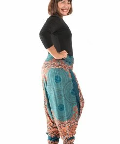 HaremPants.com Plus Size Geometric Mandalas Drop Crotch Women's Harem Pants In Turquoise