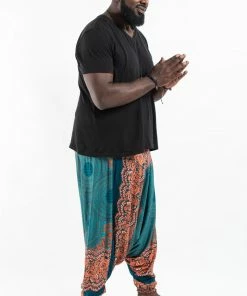 HaremPants.com Plus Size Geometric Mandalas Drop Crotch Men's Harem Pants In Turquoise