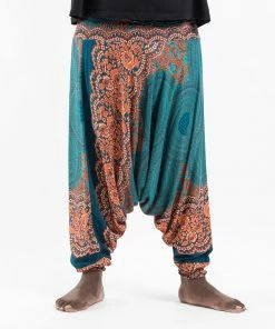 HaremPants.com Plus Size Geometric Mandalas Drop Crotch Men's Harem Pants In Turquoise