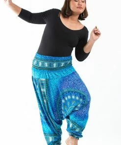 HaremPants.com Plus Size Tribal Chakras Drop Crotch Women's Harem Pants In Blue