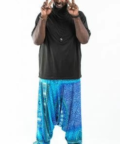 HaremPants.com Plus Size Tribal Chakras Drop Crotch Men's Harem Pants In Blue