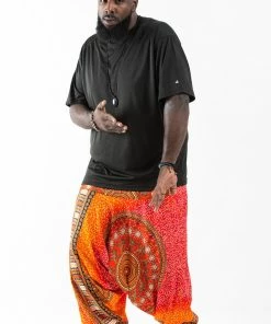 HaremPants.com Plus Size Tribal Chakras Drop Crotch Men's Harem Pants In Orange