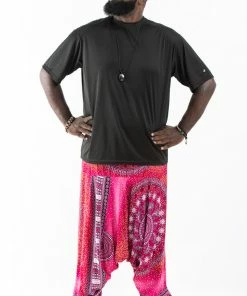 HaremPants.com Plus Size Tribal Chakras Drop Crotch Men's Harem Pants In Pink