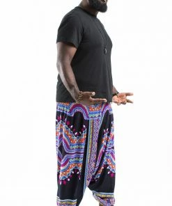 HaremPants.com Plus Size Dashiki Prints Drop Crotch Men's Harem Pants In Black