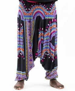 HaremPants.com Plus Size Dashiki Prints Drop Crotch Men's Harem Pants In Black