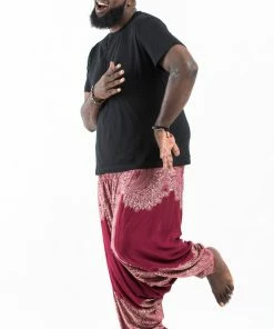 HaremPants.com Plus Size Floral Mandalas Drop Crotch Men's Harem Pants In Red