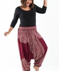 HaremPants.com Plus Size Floral Mandalas Drop Crotch Women's Harem Pants In Red