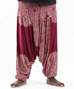 HaremPants.com Plus Size Floral Mandalas Drop Crotch Men's Harem Pants In Red