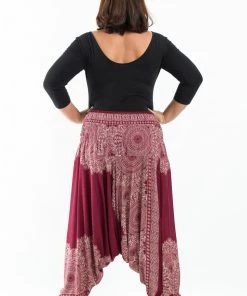 HaremPants.com Plus Size Floral Mandalas Drop Crotch Women's Harem Pants In Red