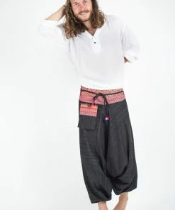 HaremPants.com Pinstripe Cotton Low Cut Men's Harem Pants With Hill Tribe Trim Black