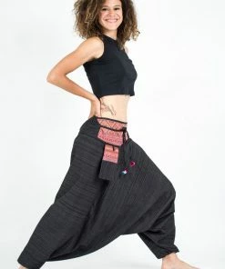 HaremPants.com Pinstripe Cotton Low Cut Women's Harem Pants With Hill Tribe Trim Black