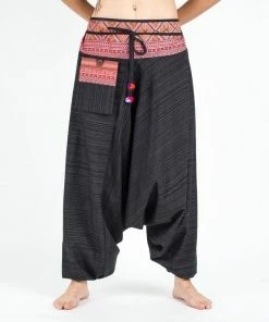 HaremPants.com Pinstripe Cotton Low Cut Women's Harem Pants With Hill Tribe Trim Black