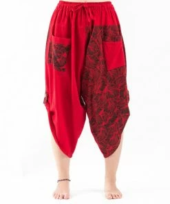 HaremPants.com Two Tone Leaves Prints Women's Three Quarter Pants In Red