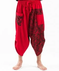 HaremPants.com Two Tone Leaves Prints Men's Three Quarter Pants In Red
