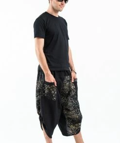 HaremPants.com Two Tone Splatter Prints Men's Three Quarter Pants In Black
