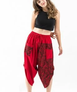 HaremPants.com Two Tone Leaves Prints Women's Three Quarter Pants In Red