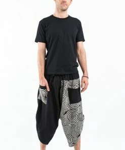 HaremPants.com Two Tone Swirls Prints Men's Three Quarter Pants In Black