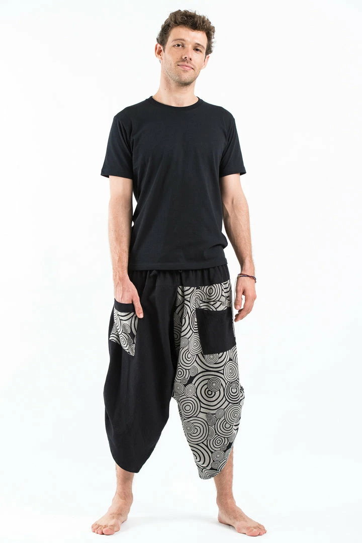 HaremPants.com Two Tone Swirls Prints Men's Three Quarter Pants In Black 3 HaremPants.com Two Tone Swirls Prints Men's Three Quarter Pants In Black