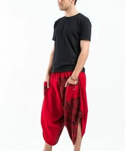 HaremPants.com Two Tone Leaves Prints Men's Three Quarter Pants In Red